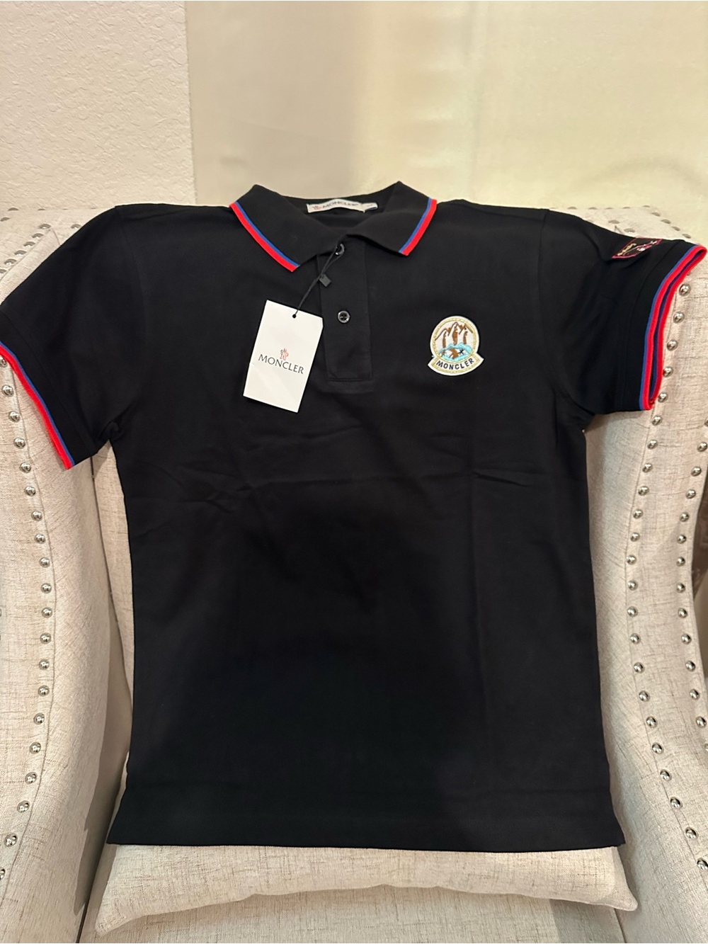 Moncler Black Polo with Red and Blue Trim